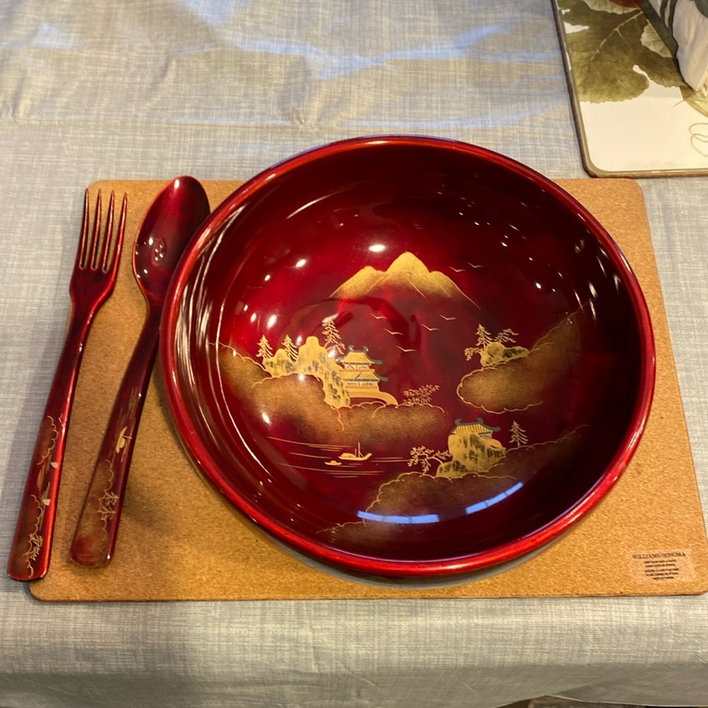 Vintage Japanese Lacquer Salad Bowl with Spoon and Fork